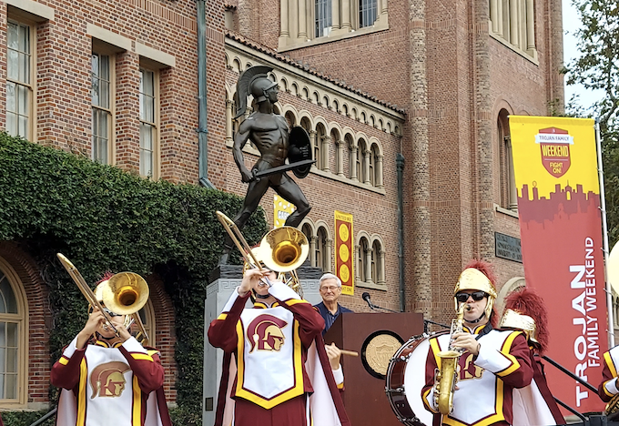 Provost Chip Zukoski speaks in front of Tommy Trojan statue to parents