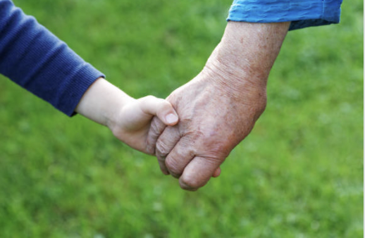 Close up of hands, boy holding hands with older woman