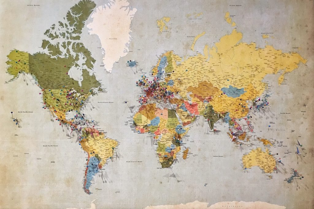 world map with pins